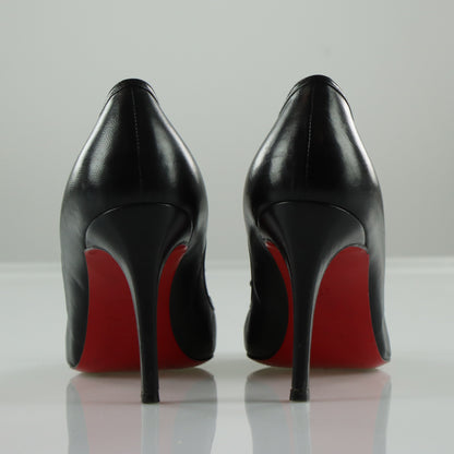 CHRISTIAN LOUBOUTIN Black Leather Bow Italian Made Peep Toe Stiletto Heels (37)