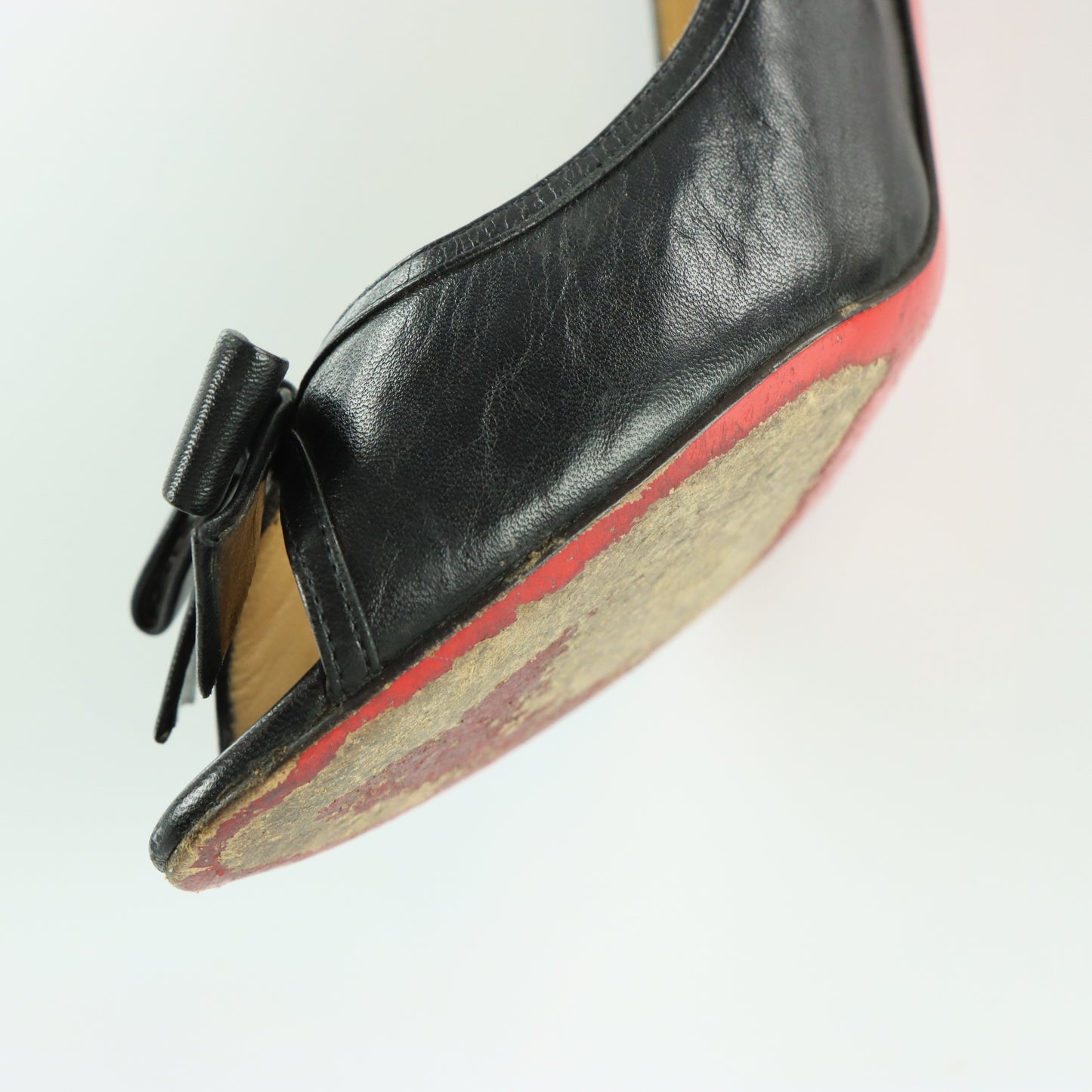 CHRISTIAN LOUBOUTIN Black Leather Bow Italian Made Peep Toe Stiletto Heels (37)