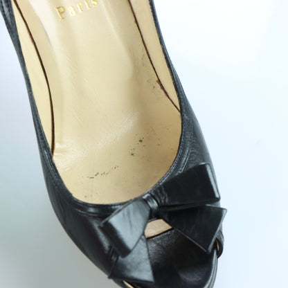 CHRISTIAN LOUBOUTIN Black Leather Bow Italian Made Peep Toe Stiletto Heels (37)
