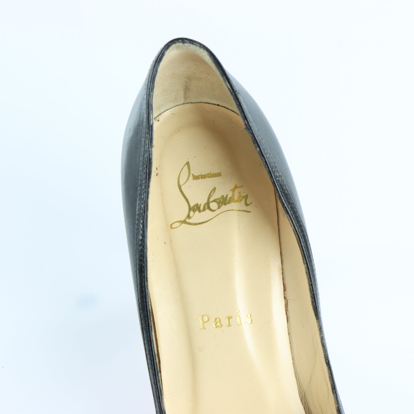CHRISTIAN LOUBOUTIN Black Leather Bow Italian Made Peep Toe Stiletto Heels (37)