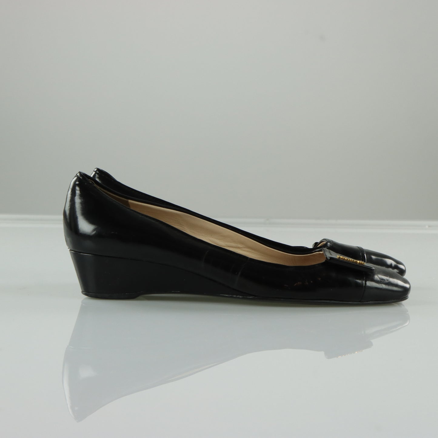 PRADA Black Patent Leather Low Wedges Loafer (40)