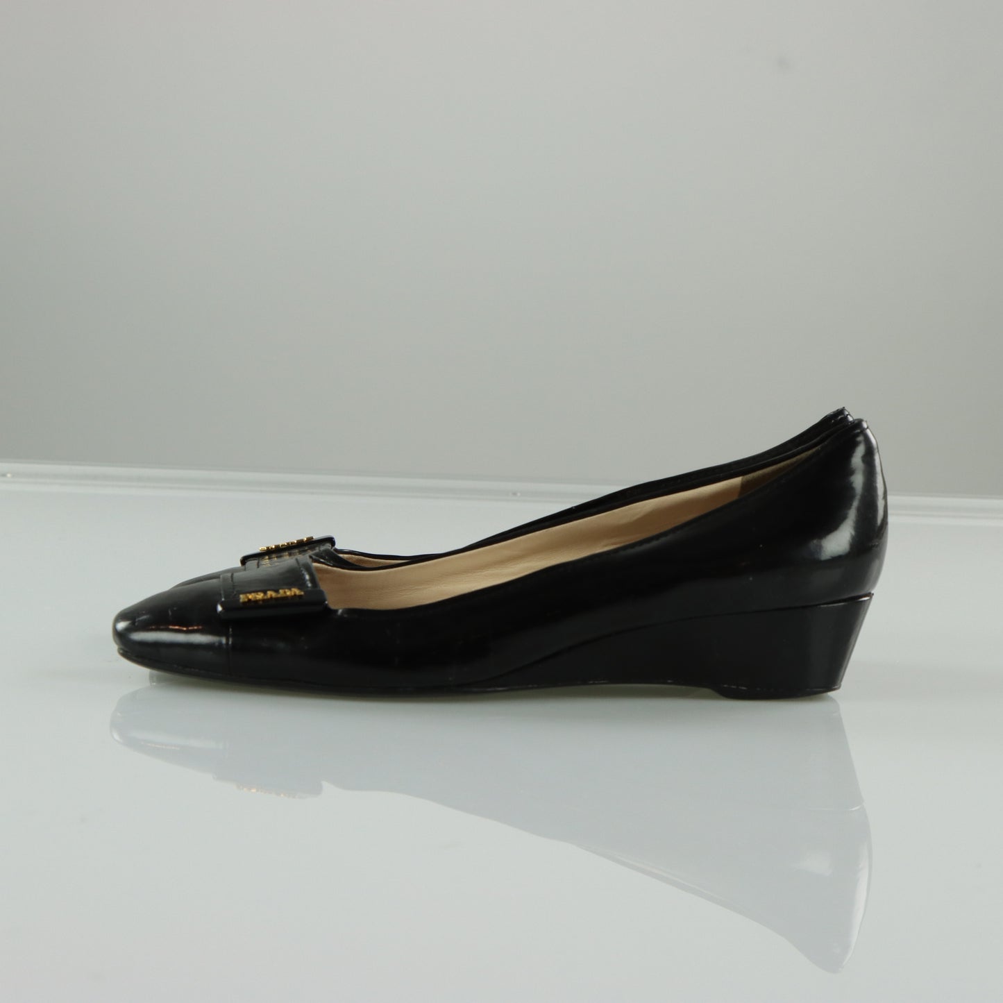PRADA Black Patent Leather Low Wedges Loafer (40)