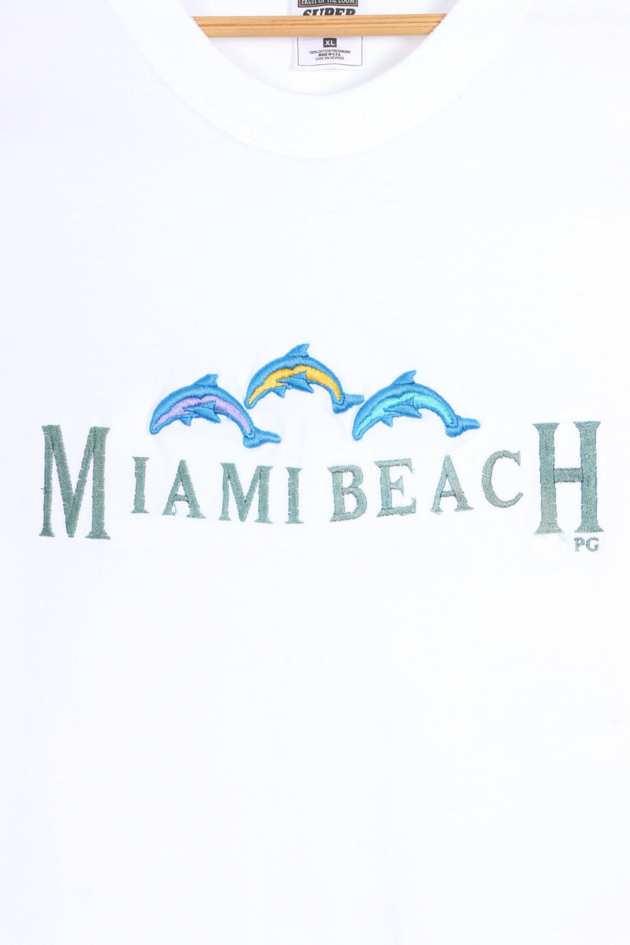 Miami Beach Embroidered Dolphins White Tee USA Made (XL)