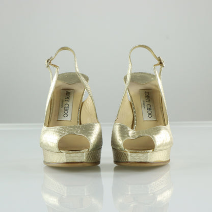 JIMMY CHOO Metallic Gold Snakeskin Peep Toe Slingback Heels Italian Made (37.5)