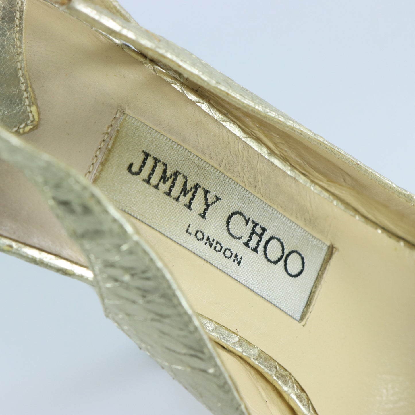 JIMMY CHOO Metallic Gold Snakeskin Peep Toe Slingback Heels Italian Made (37.5)