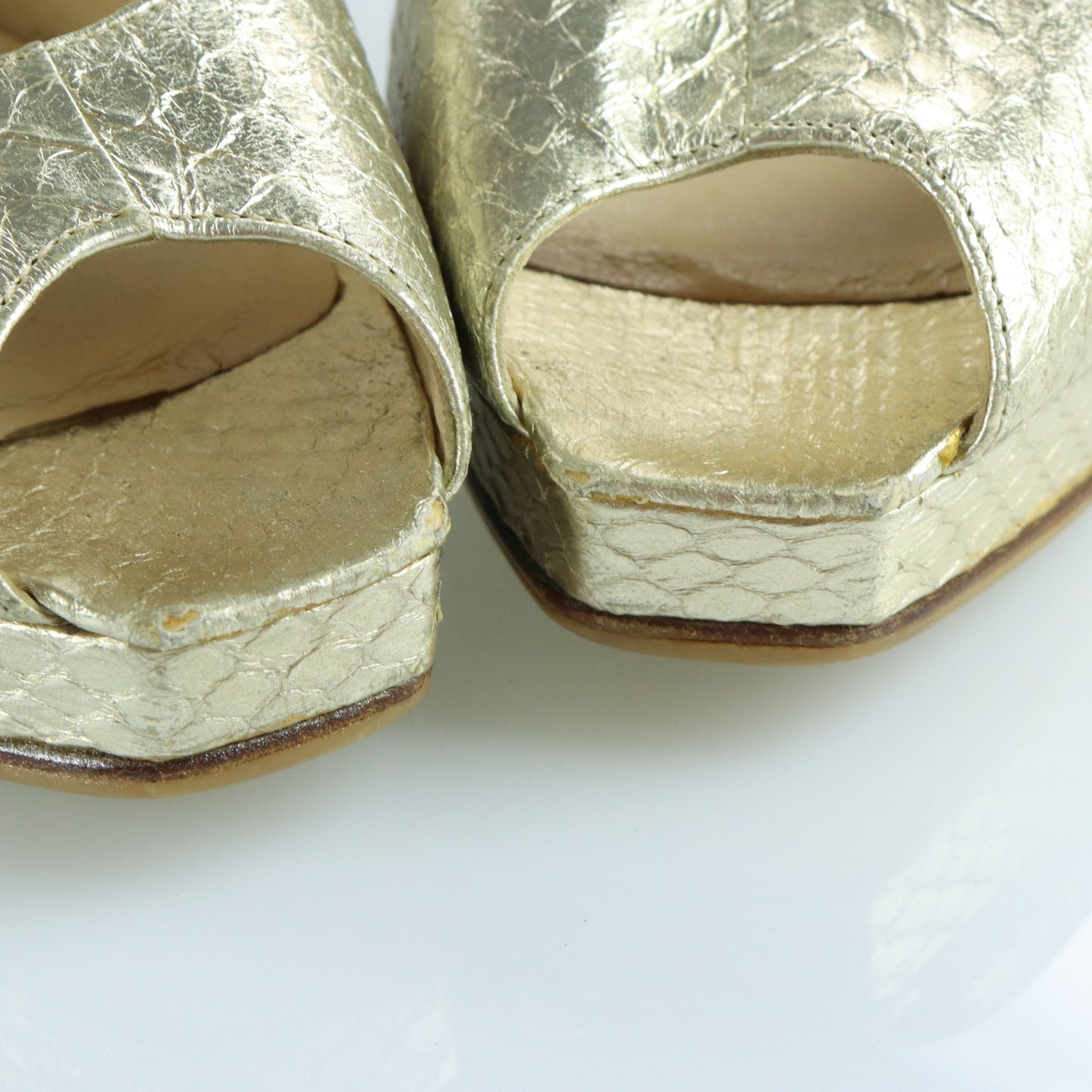 JIMMY CHOO Metallic Gold Snakeskin Peep Toe Slingback Heels Italian Made (37.5)