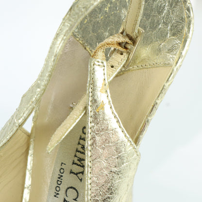 JIMMY CHOO Metallic Gold Snakeskin Peep Toe Slingback Heels Italian Made (37.5)