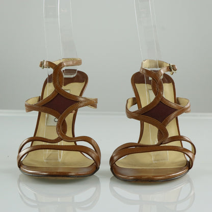JIMMY CHOO Brown Leather Strappy Adjustable Buckle Heels Italian Made (37.5)