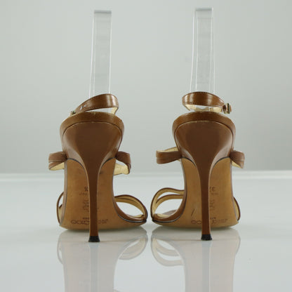 JIMMY CHOO Brown Leather Strappy Adjustable Buckle Heels Italian Made (37.5)