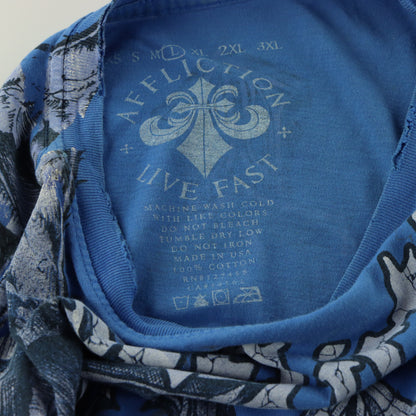 AFFLICTION Laced Up Stitch Detail Bright Blue Y2K Style USA Made Distressed Tee (L)