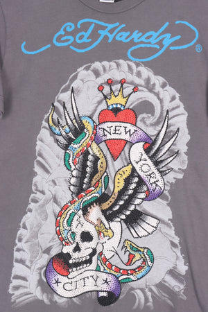 ED HARDY Skull Eagle & Snake Embellished T-Shirt USA Made (S-M)