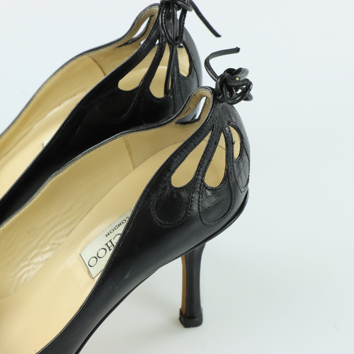 JIMMY CHOO Black Cut Out Tie Leather Italy Made Pump Heels (37.5)