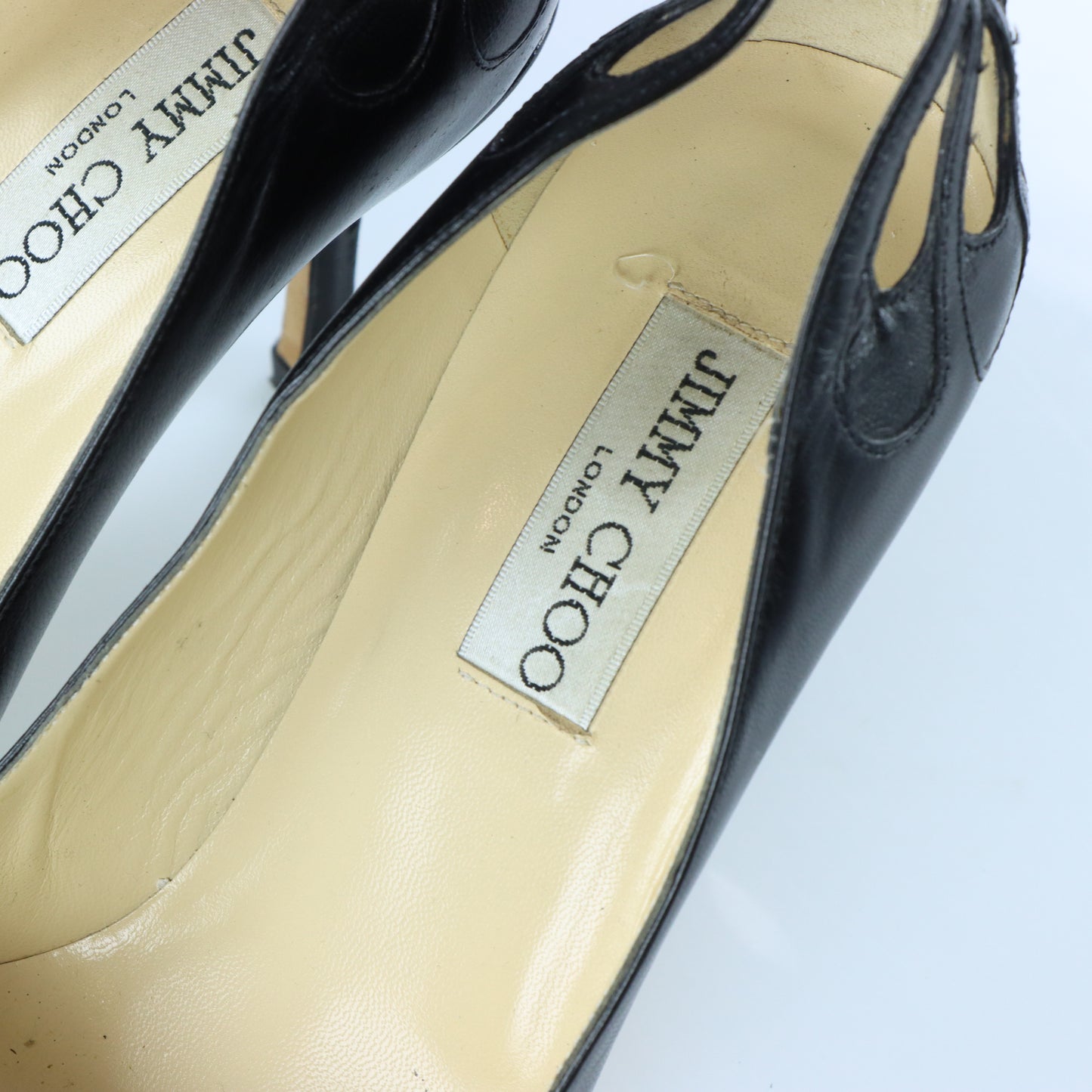 JIMMY CHOO Black Cut Out Tie Leather Italy Made Pump Heels (37.5)