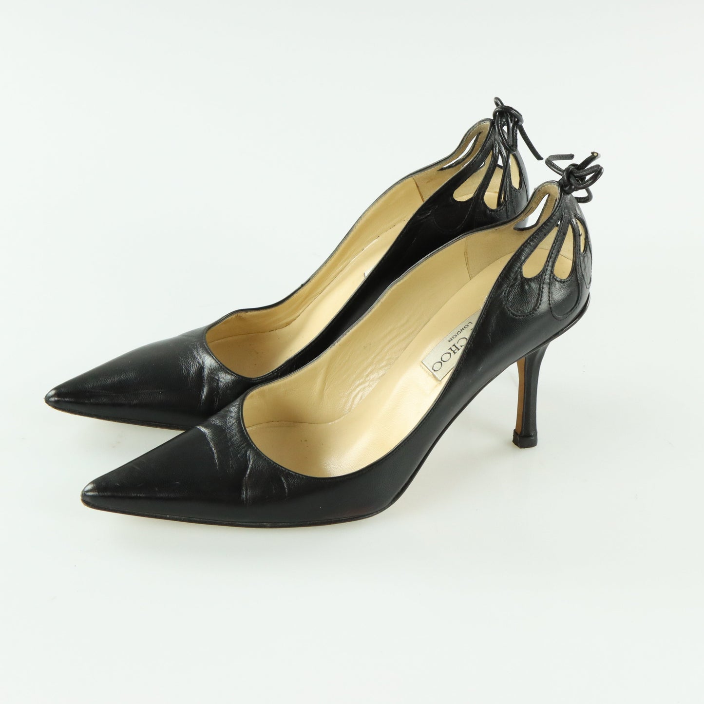 JIMMY CHOO Black Cut Out Tie Leather Italy Made Pump Heels (37.5)