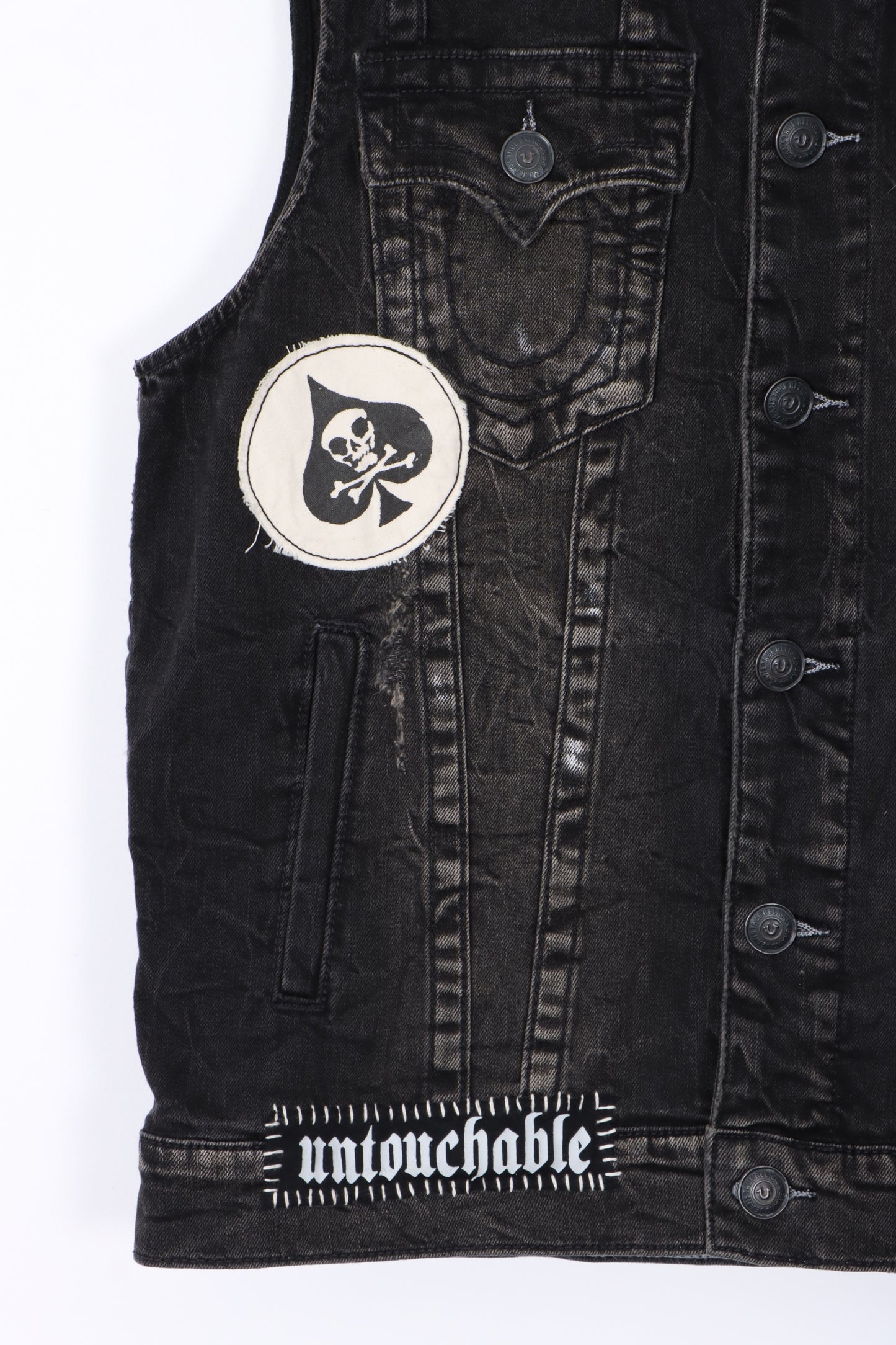 TRUE RELIGION World Tour Black Denim Distressed Jimmy Vest (L)