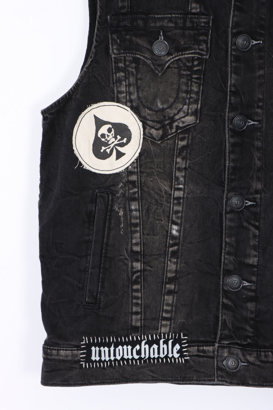 TRUE RELIGION World Tour Black Denim Distressed Jimmy Vest (L)