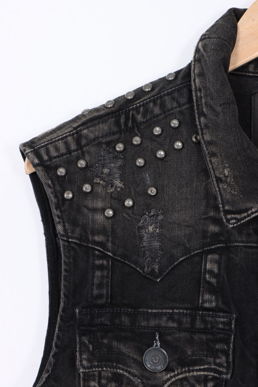 TRUE RELIGION World Tour Black Denim Distressed Jimmy Vest (L)