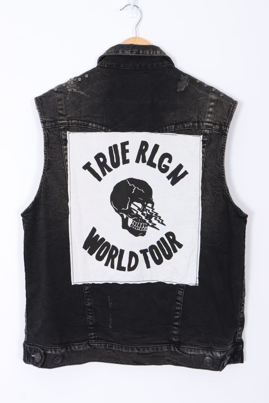 TRUE RELIGION World Tour Black Denim Distressed Jimmy Vest (L)