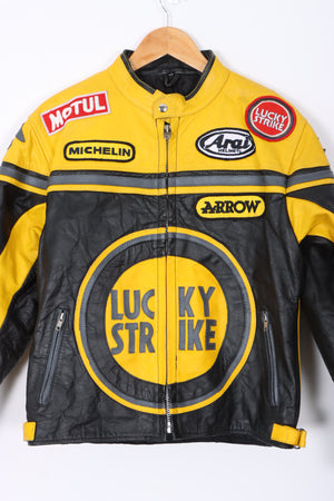 Vintage LUCKY STRIKE Yellow Leather Motorcycle Racing Jacket (XS-S)