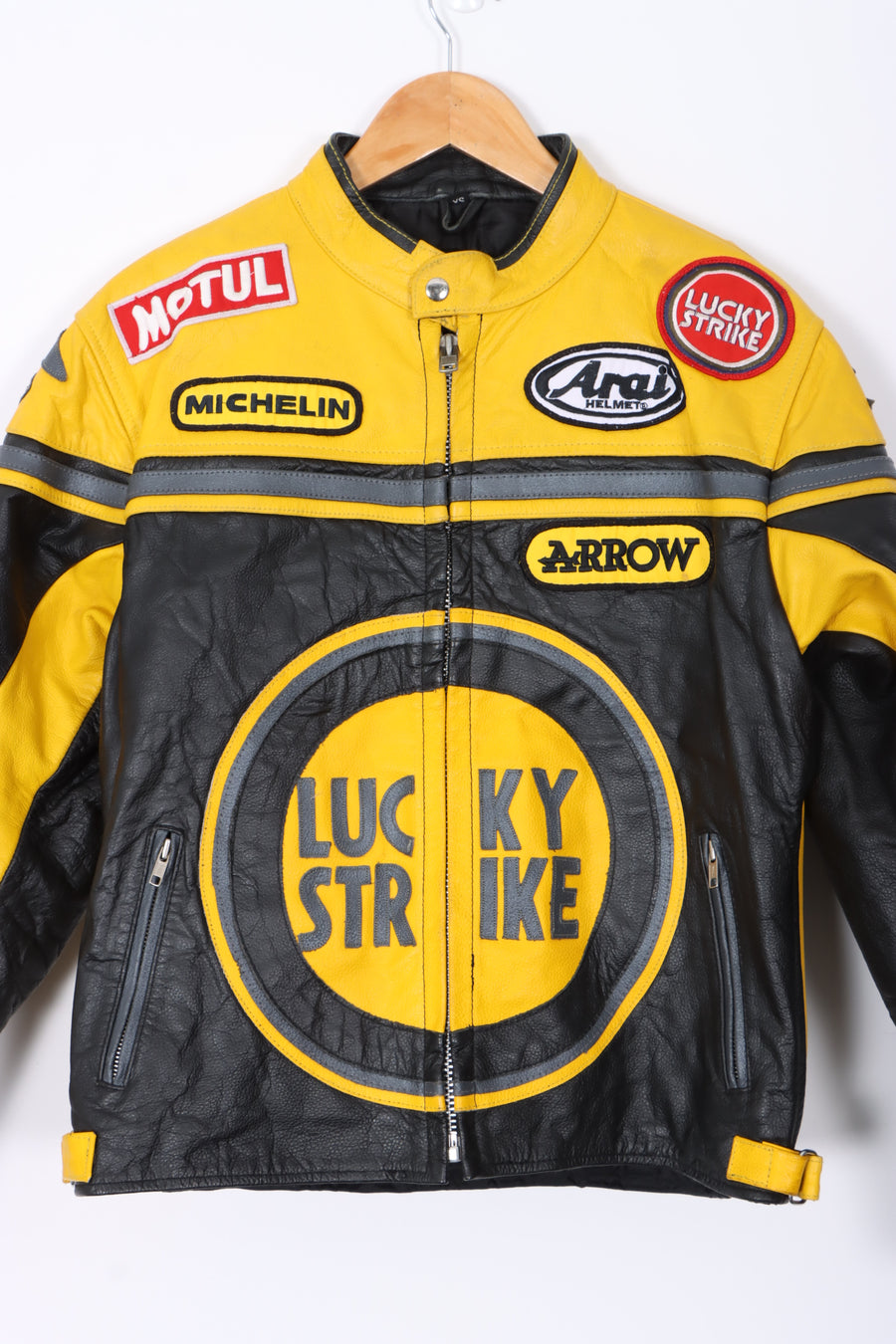 Vintage LUCKY STRIKE Yellow Leather Motorcycle Racing Jacket (XS-S)