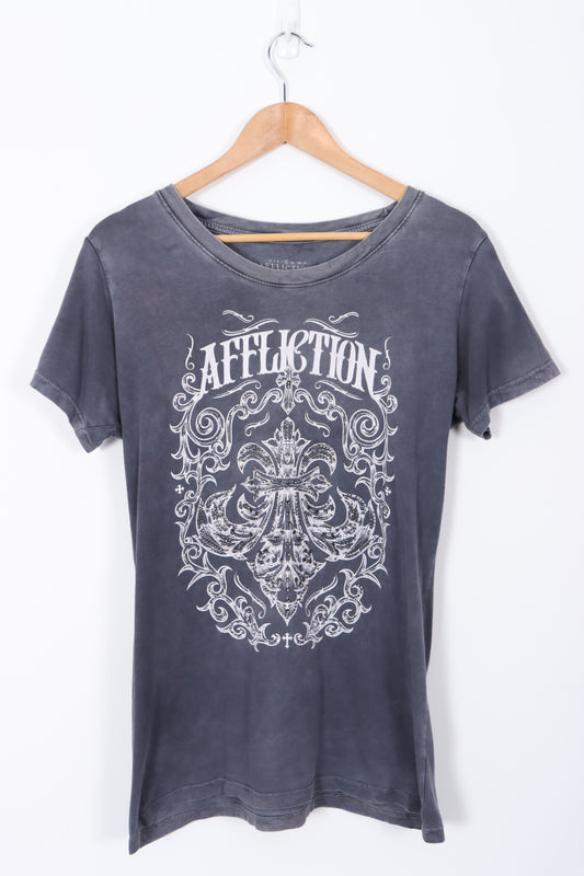 AFFLICTION Rhinestone Graphic Lace Back Detail Tee (L Women's)