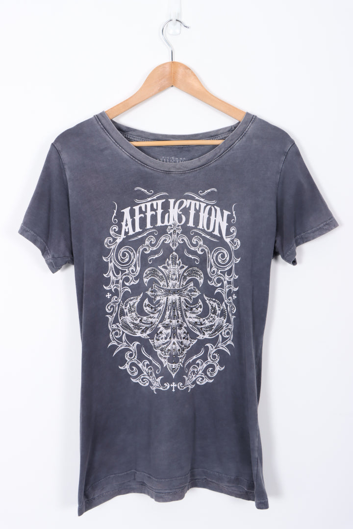 AFFLICTION Rhinestone Graphic Shoelace Back Detail Tee (L Women's)