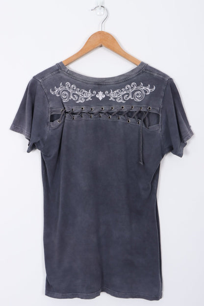 AFFLICTION Rhinestone Graphic Lace Back Detail Tee (L Women's)