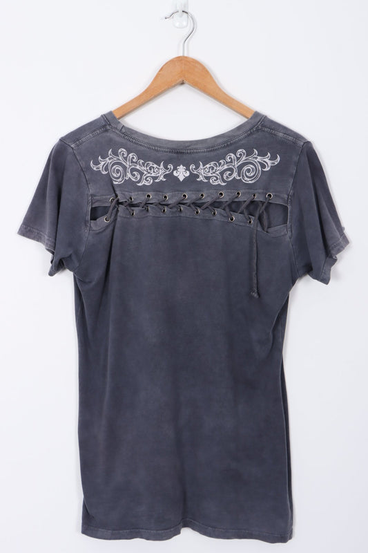 AFFLICTION Rhinestone Graphic Lace Back Detail Tee (L Women's)