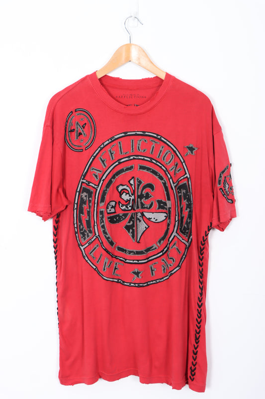AFFLICTION Live Fast Knit Side Stitch Design Red T-Shirt (L)