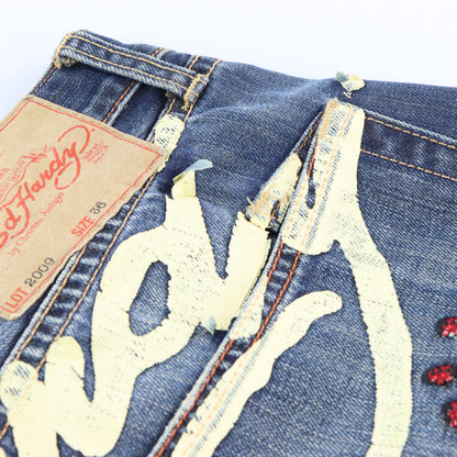 Vintage ED HARDY Rhinestone Skull New York City Y2K Distressed Blue Jeans (36x32) Vintage Sole Melbourne