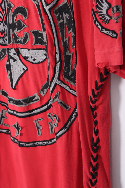 AFFLICTION Live Fast Knit Side Stitch Design Red T-Shirt (L)