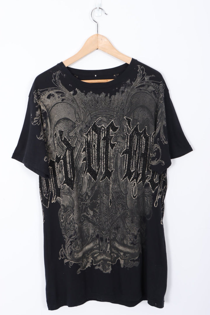 Front Back Graphic Grunge Y2K Rhinestone Design Tee (XL)