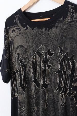 Front Back Graphic Grunge Y2K Rhinestone Design Tee (XL)