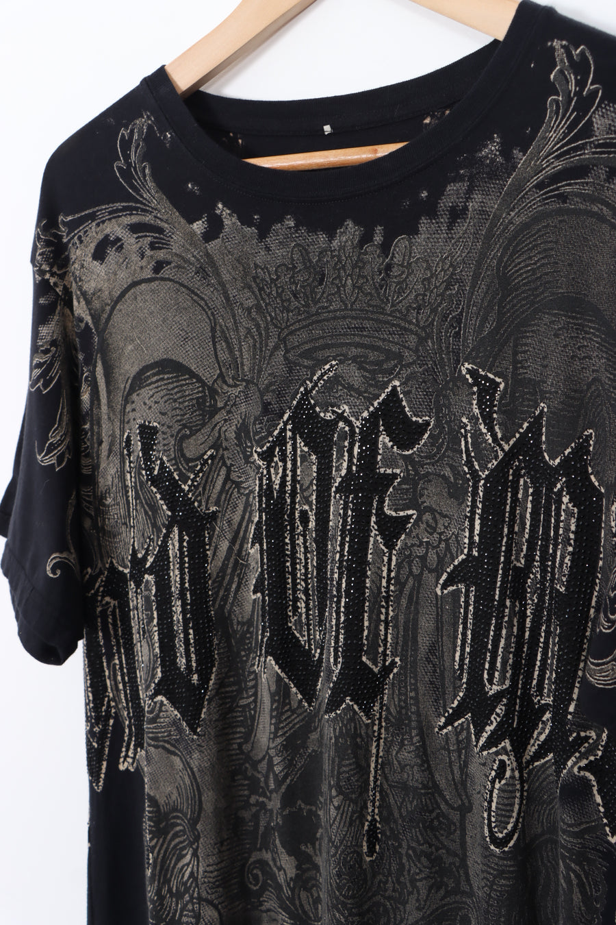 Front Back Graphic Grunge Y2K Rhinestone Design Tee (XL)