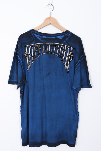 AFFLICTION Live Fast Velvet Skull Design Side Knit Stitch Detail Tee (XL)