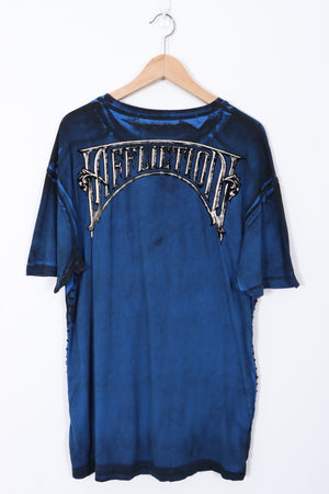 AFFLICTION Live Fast Velvet Skull Design Side Knit Stitch Detail Tee (XL)