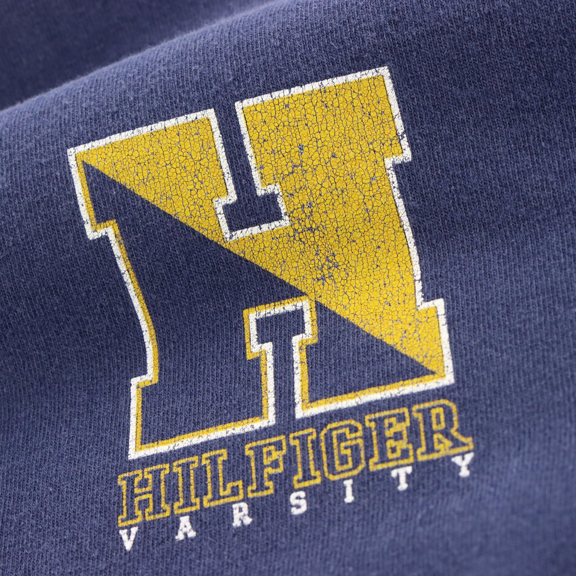 Vintage TOMMY HILFIGER Varsity USA Made Navy Blue Tee (L-XL) ***COCO Vintage Sole Melbourne