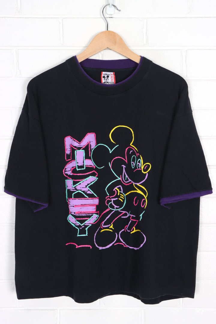 DISNEY 90s Classic Mickey Mouse Neon Black Boxy T-Shirt USA Made (M-L)