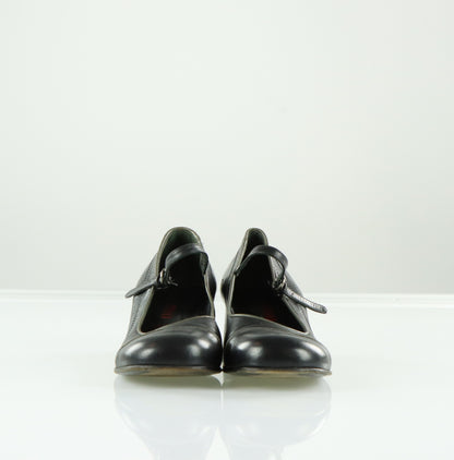 MIU MIU Black Genuine Leather Mary Jane Low Wedge (38.5)