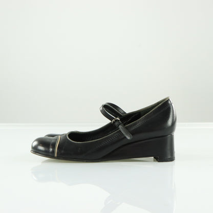 MIU MIU Black Genuine Leather Mary Jane Low Wedge (38.5)