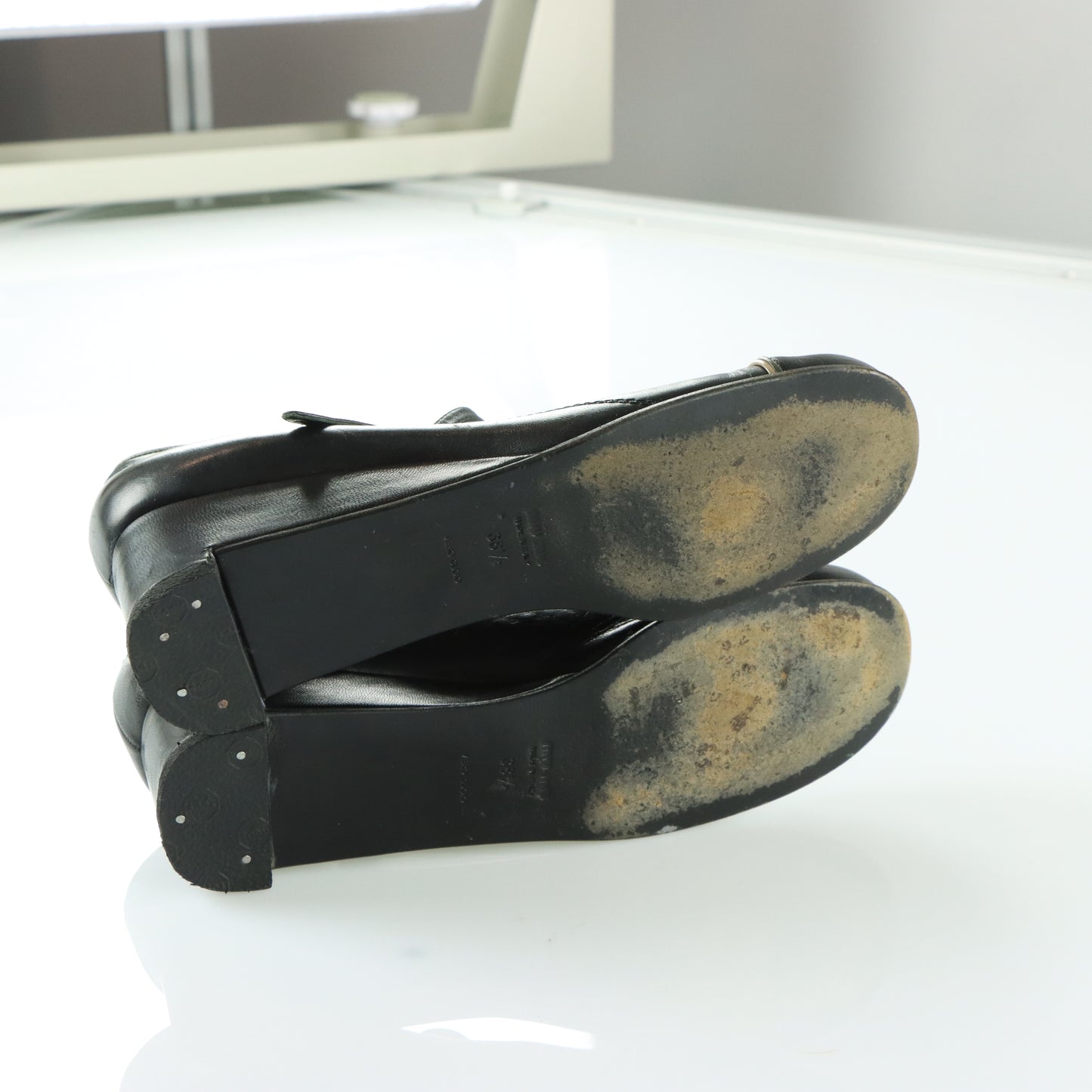 MIU MIU Black Genuine Leather Mary Jane Low Wedge (38.5)