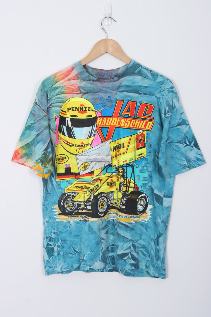 Autographed Jac Haudenschild 1994 'World of Outlaws' Racing Tie-Dye USA Made Tee (L)