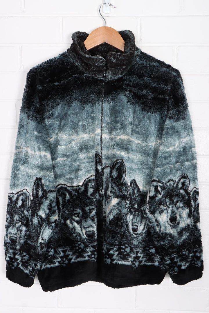 Cobblestone Canyon Wolves All Over Plush Fleece Jacket USA Made (L)