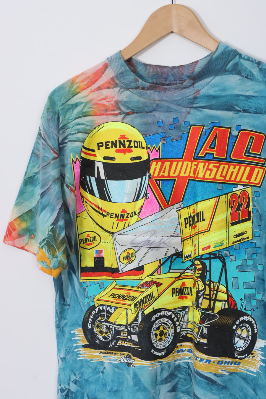 Autographed Jac Haudenschild 1994 'World of Outlaws' Racing Tie-Dye USA Made Tee (L)