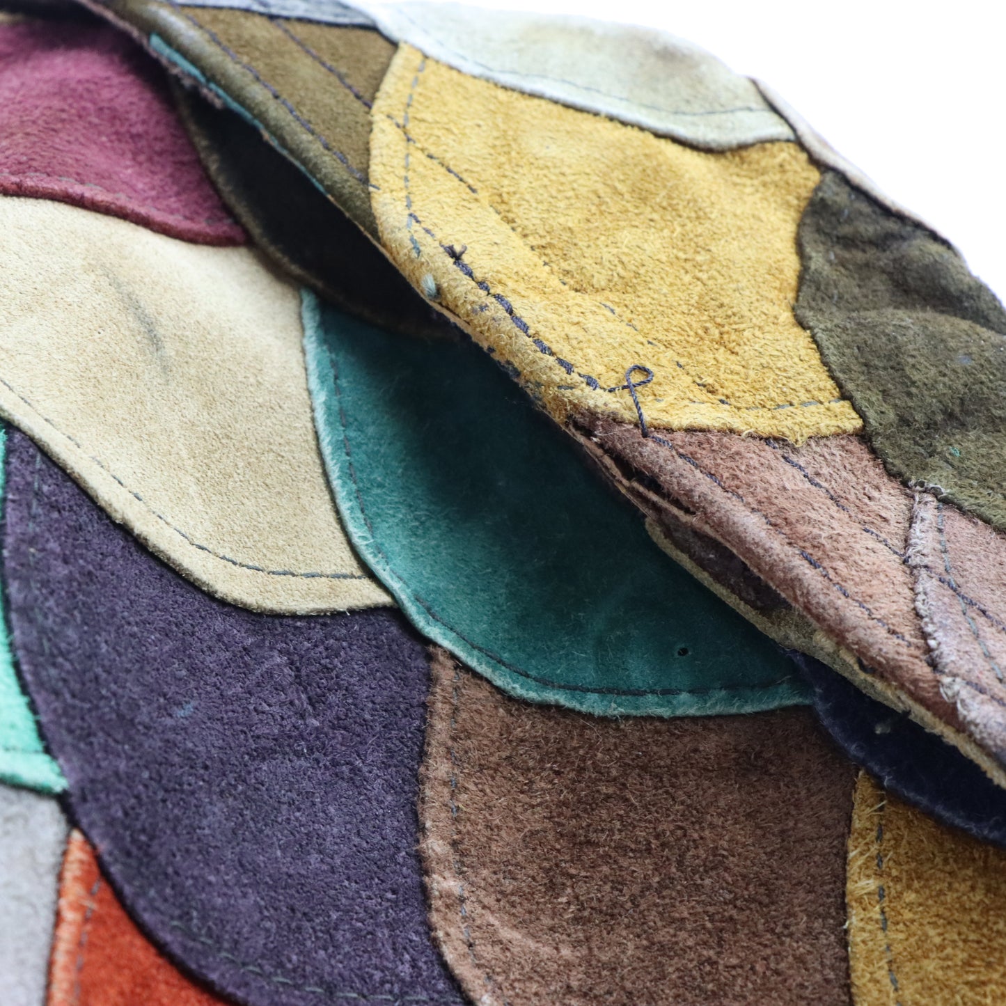 Vintage 70s Suede Leather Multicolour Earth-Tone Scalloped Fish-Scale Patchwork Jacket (M) ***COCO Vintage Sole Melbourne