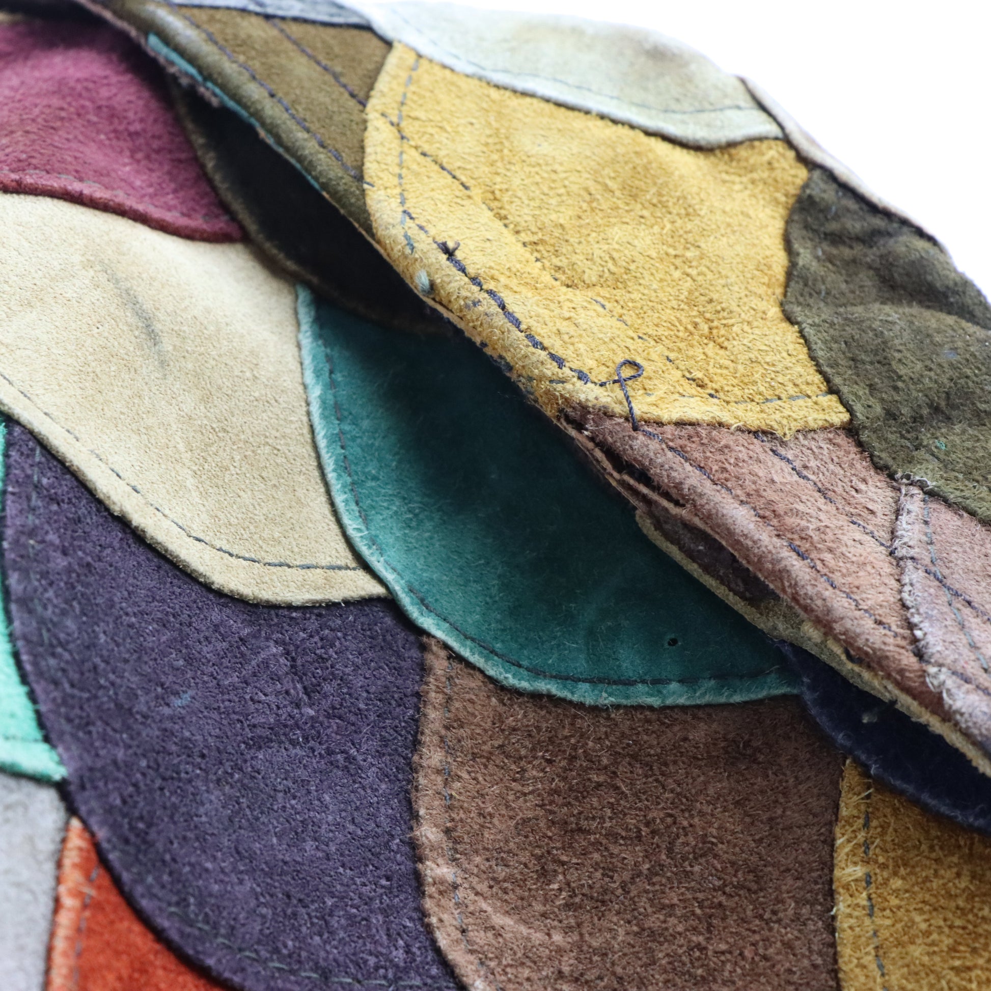 Vintage 70s Suede Leather Multicolour Earth-Tone Scalloped Fish-Scale Patchwork Jacket (M) ***COCO Vintage Sole Melbourne