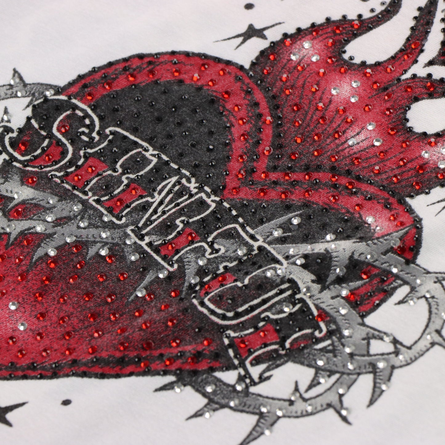 Vintage SINFUL Y2K Rhinestone Heart Fire T-Shirt (XXS)*Aubs Vintage Sole Melbourne