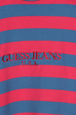 GUESS Embroidered Blue & Pink Stripe Tee USA Made (L)