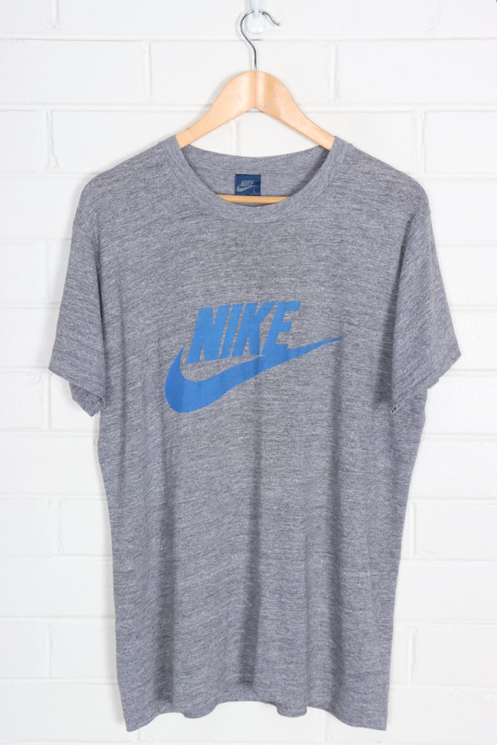 NIKE Grey Marle & Blue Logo Spell Out USA Made Tee (L)