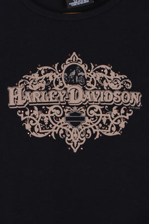 HARLEY DAVIDSON Baroque Wings Logo Front Back Baby Tee (Women's S)
